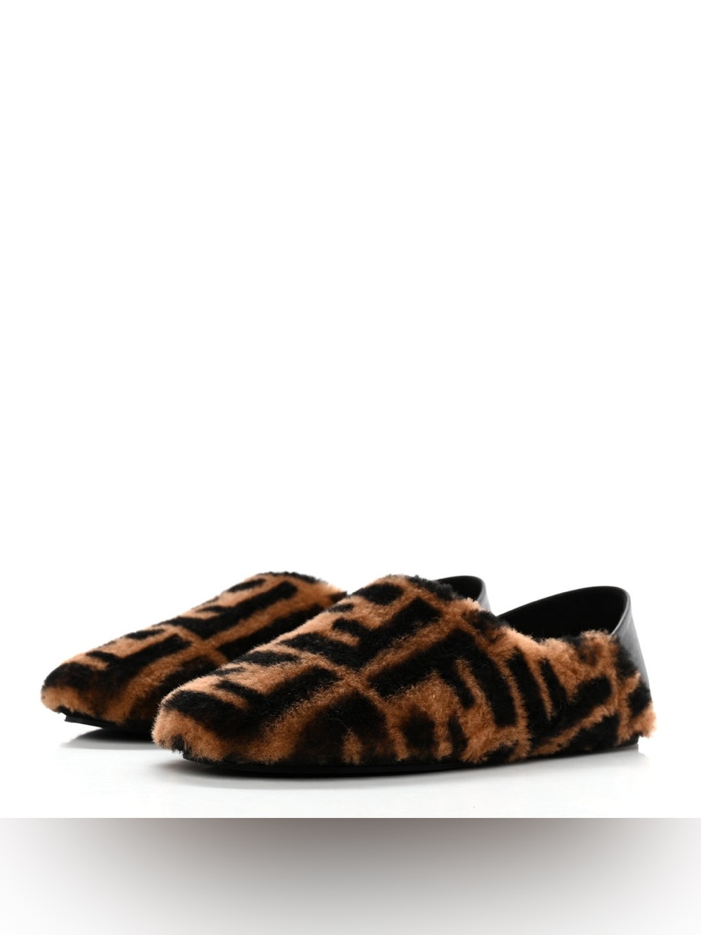 Fendi Zucca Brown and Black shearling FF Logo Fuzzy Slip-On Loafers 6 or 36.5